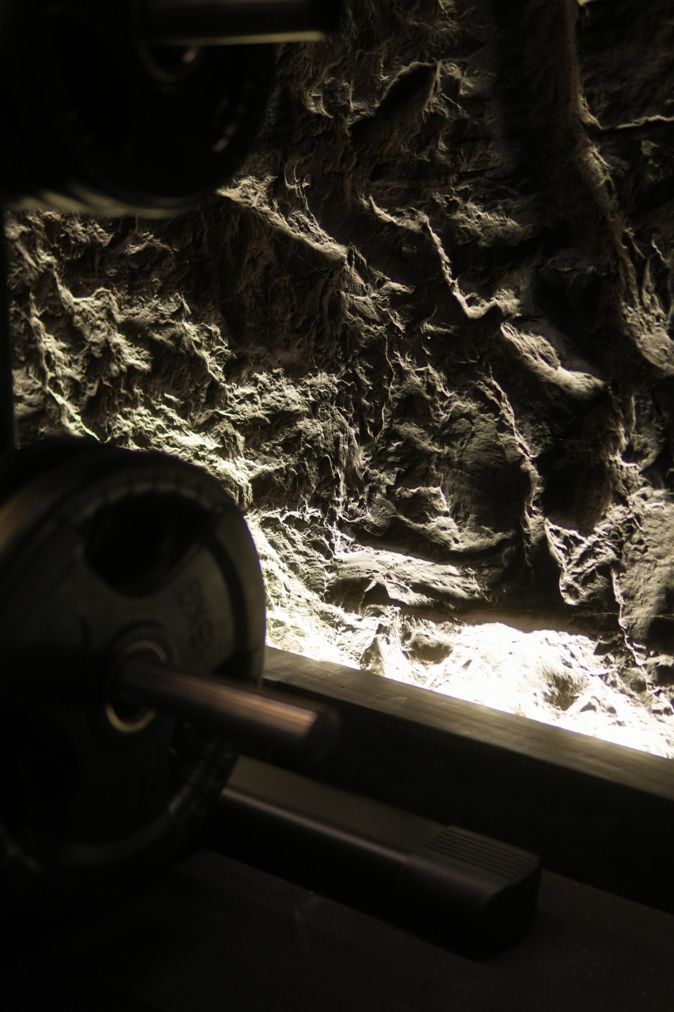Barbell against the lit stone wall
