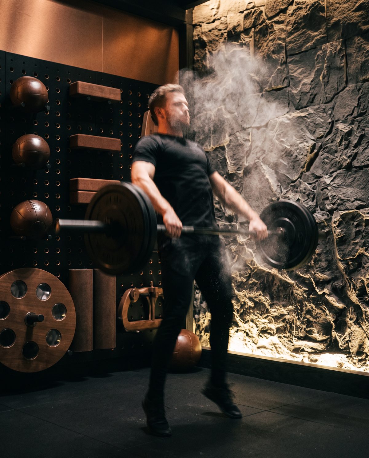 Athlete pulling a barbell in front of the stone wall
